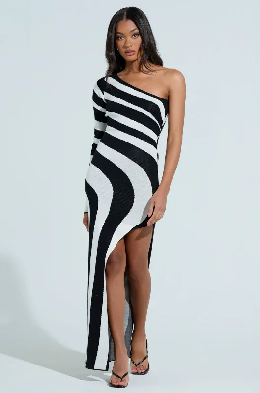 STRIPED SINGLE SLEEVE SWEATER DRESS Houndstooth Herringbone Solid