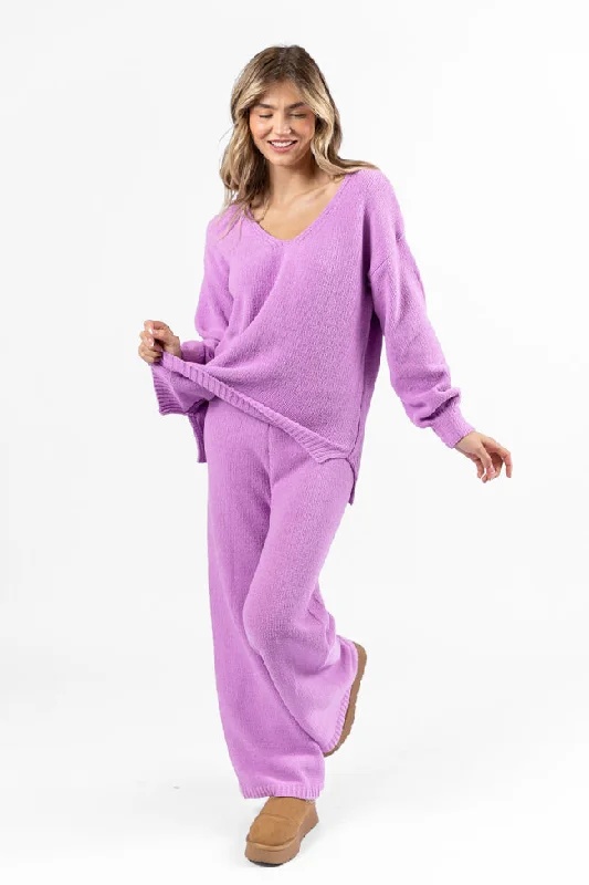 Cozy For Keeps Lavender V-Neck Sweater FINAL SALE Fleece Sweater Nylon Polyester