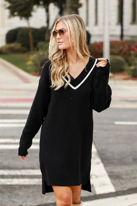 FINAL SALE - Snug As Can Be Black Mini Sweater Dress Front Pockets Side Pockets Patch Pockets