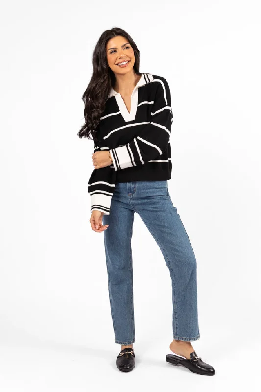 Imagine That Black Striped Collared Sweater FINAL SALE Solid Print Embellished