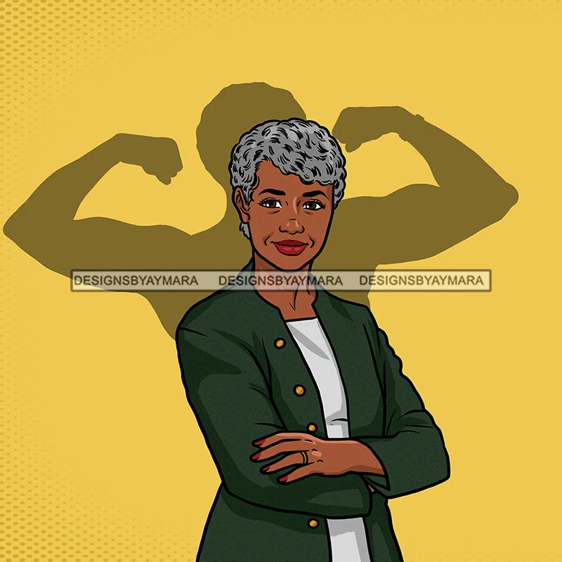 Older Black Woman Senior Citizen Granny Grandma Gray Hair Green Jacket Arms Folded Gold Yellow Background Skillz JPG PNG  Clipart Cricut Silhouette Cut Cutting Stand-Up Collar Roll-Neck Collar Turtle Neck