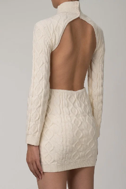 Backless High Neck Cable Knit Winter Sweater Mini Dress - Cream Stylish Fashionable Trendy Backless High Neck Cable Knit Winter Sweater Mini Dress - Cream Stylish Fashionable Trendy