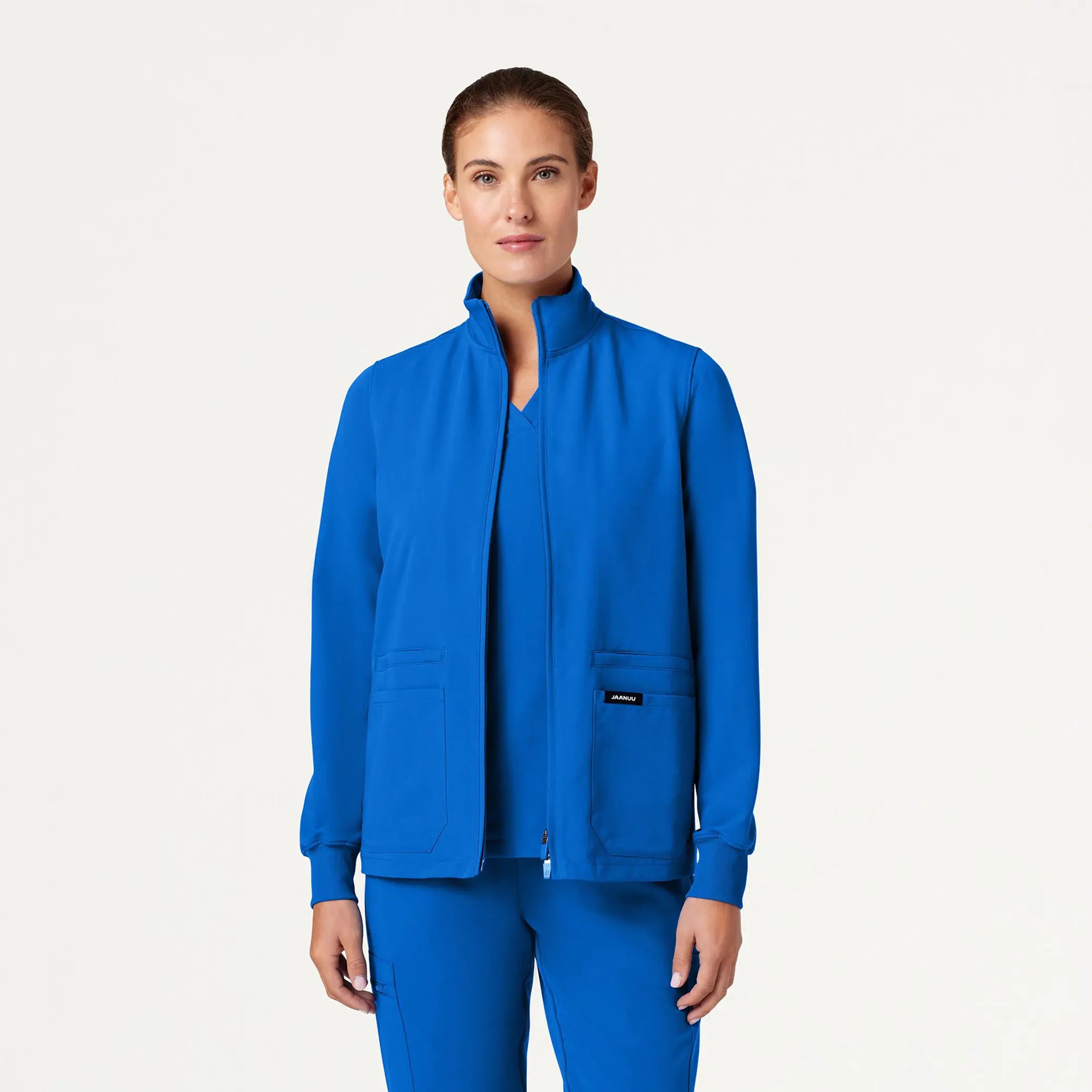 Jaanuu Women's Ceri Essential 6-Pocket Scrub Jacket - Royal Blue Boat Neck Shawl Collar Notched Collar