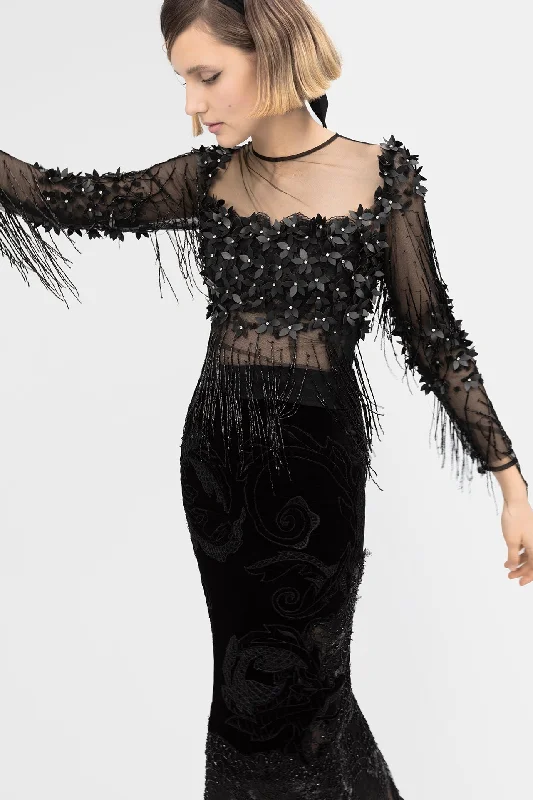 Long illusion sleeves top with beaded skirt maxi skirt elegant