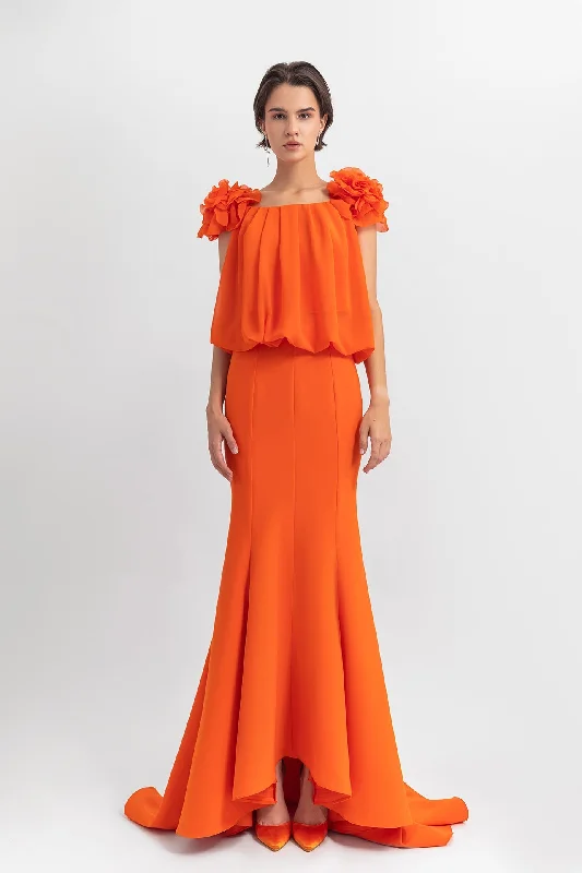 Floral shoulders sleeveless top with mermaid skirt silk skirt sleek