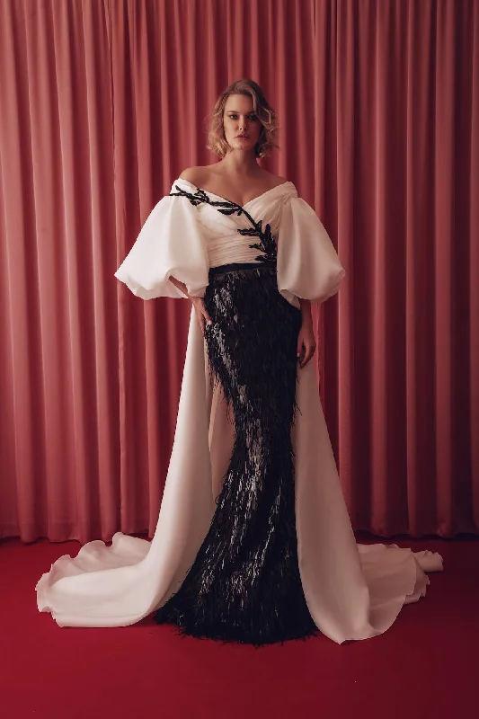 Puff sleeves draped top featuring fitted skirt with fringes velvet skirt plush