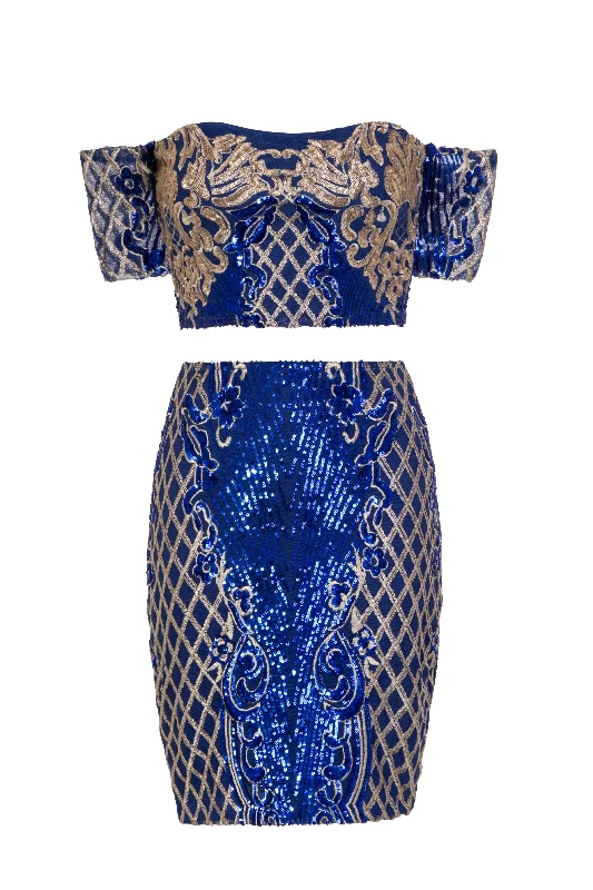 Baddie Vip Blue Gold Sequin & Embroidery Two Piece Skirt Top Co Ord Set lace skirt delicate