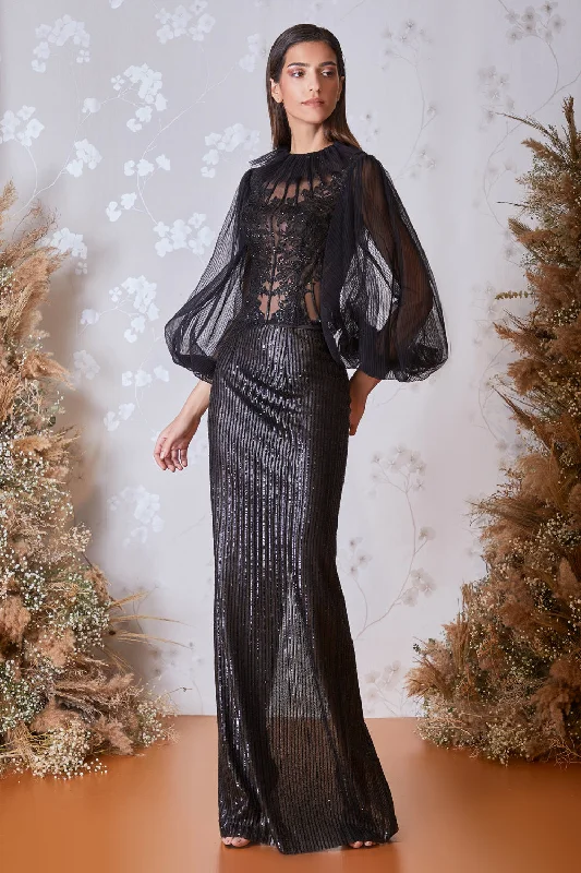 Puff sleeves embroidered top with back slit beaded skirt linen skirt light