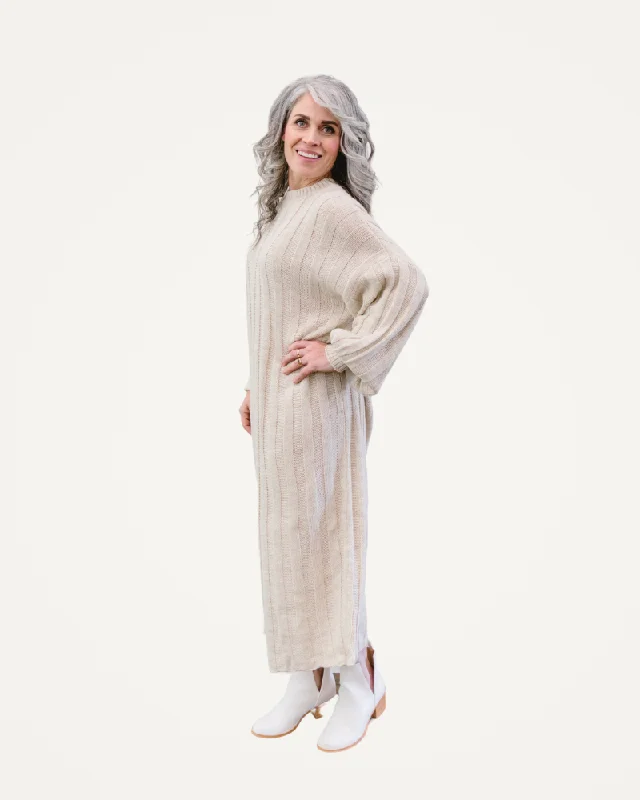 Ribbed Long Sleeve Sweater Dress Notch Collar Peter Pan Collar Cowl Neck