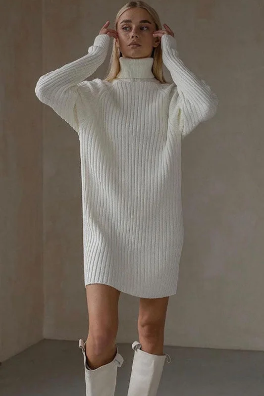 Chic Turtleneck Long Sleeve Chunky Ribbed Knit Winter Sweater Mini Dress - White Neon Metallic Matte Chic Turtleneck Long Sleeve Chunky Ribbed Knit Winter Sweater Mini Dress - White Neon Metallic Matte