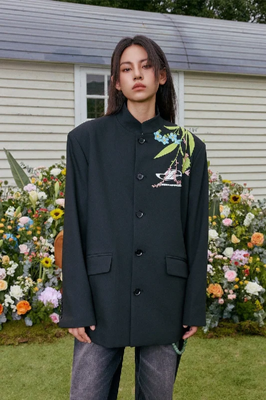 Floral Embroidery Suit Jacket Nylon Jacket Polyester Jacket Spandex Jacket