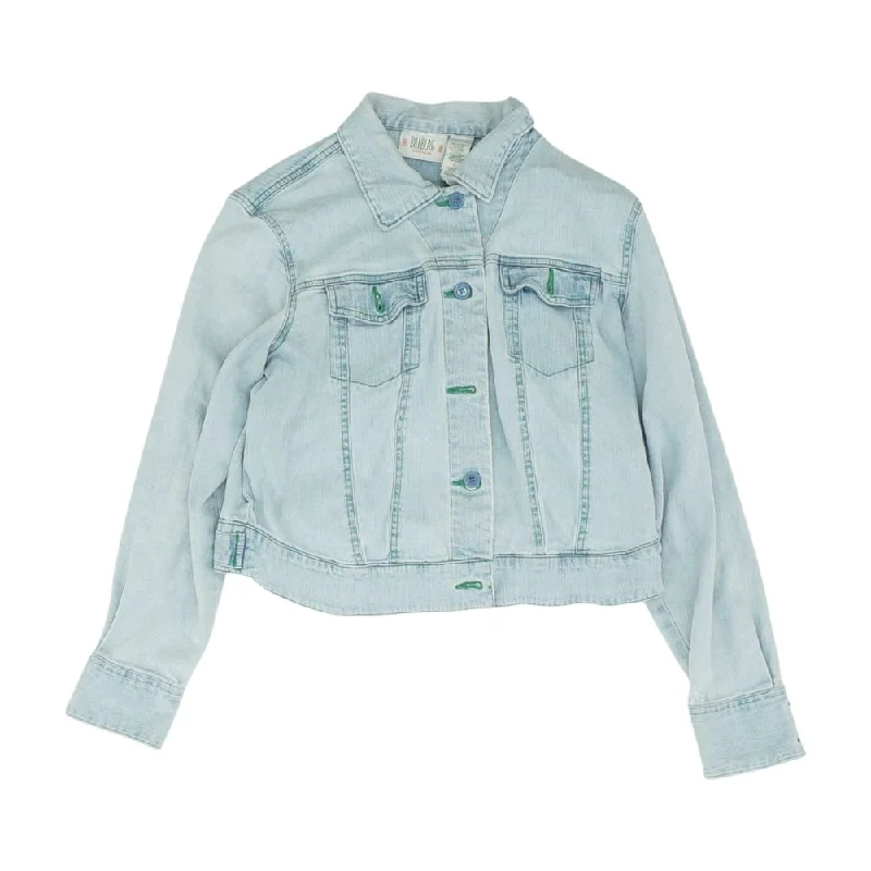 Blue Solid Denim Jacket Tiered Jacket Buttoned Jacket Zippered Jacket