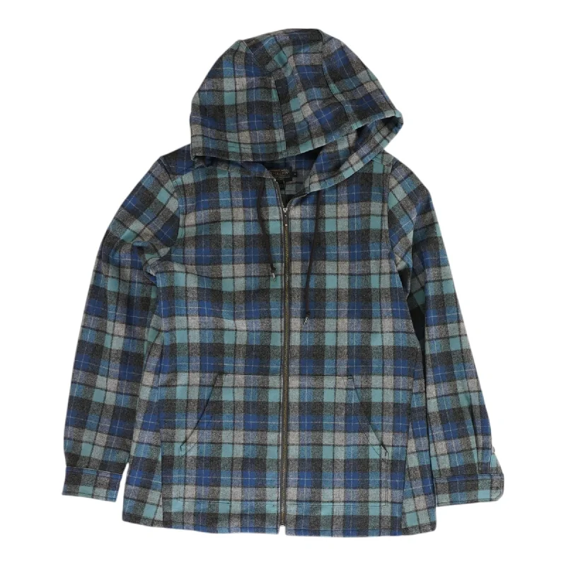 Blue Plaid Lightweight Jacket Front Pockets Side Pockets Patch Pockets