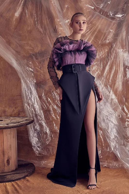 Ruffled and pleated top with open leg belted skirt lace skirt elegant