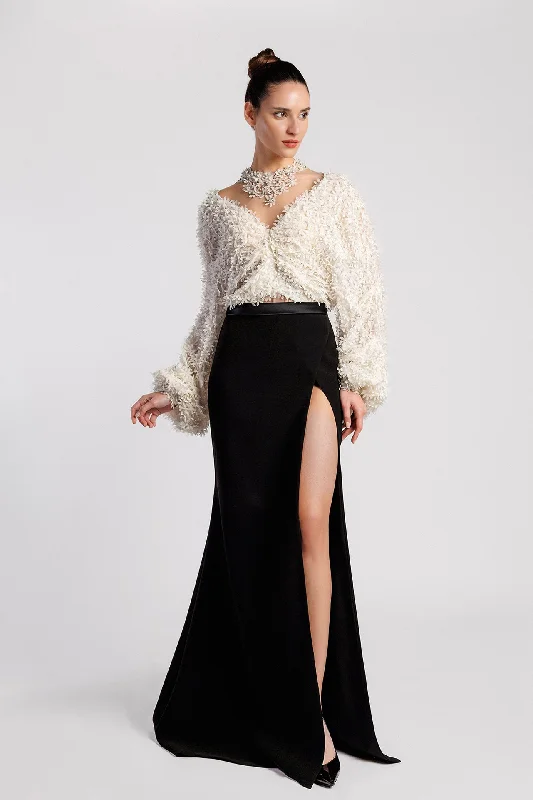 High slit crepe skirt with floral top asymmetrical skirt cut