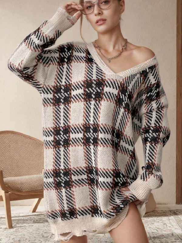 Distressed Plaid V-Neck Long Sleeve Sweater Dress Mesh Sweater Canvas Denim
