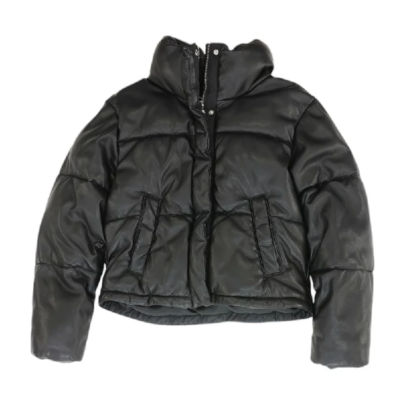 Black Solid Puffer Jacket Trench Coat Raincoat Waterproof Jacket