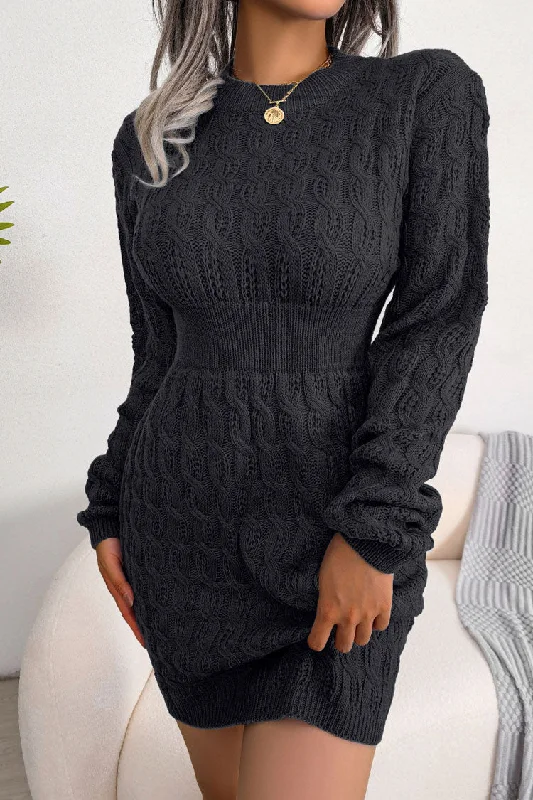 Cozy Winter Fisherman Cable Knit Bodycon Sweater Mini Dress - Black Boat Neck Shawl Collar Notched Collar