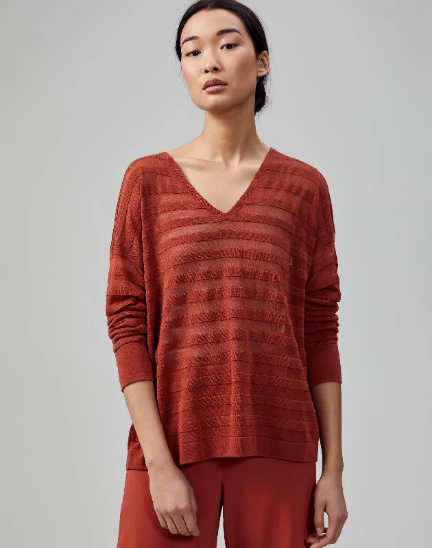 Finespun Voile Sheer Stripe V-Neck Sweater Boat Neck Shawl Collar Notched Collar