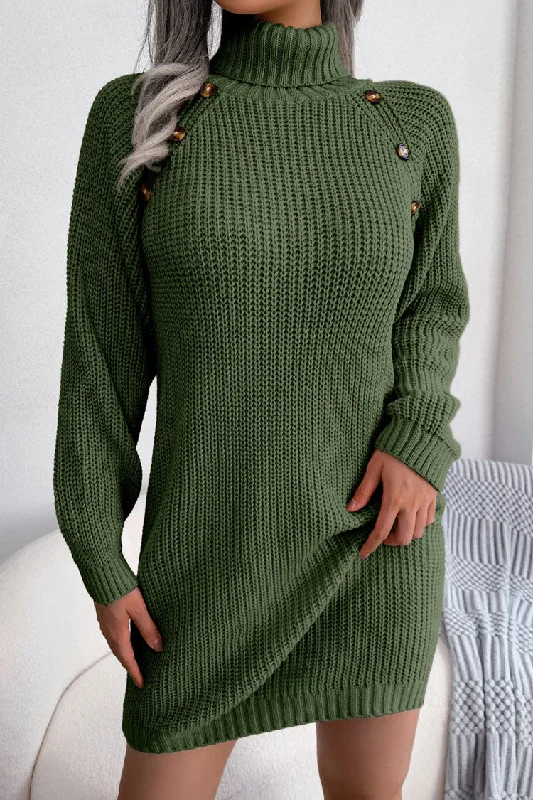 Cozy Winter Button Trim Ribbed Turtleneck Sweater Mini Dress - Army Green Terry Blend Velvet Blend Canvas Blend