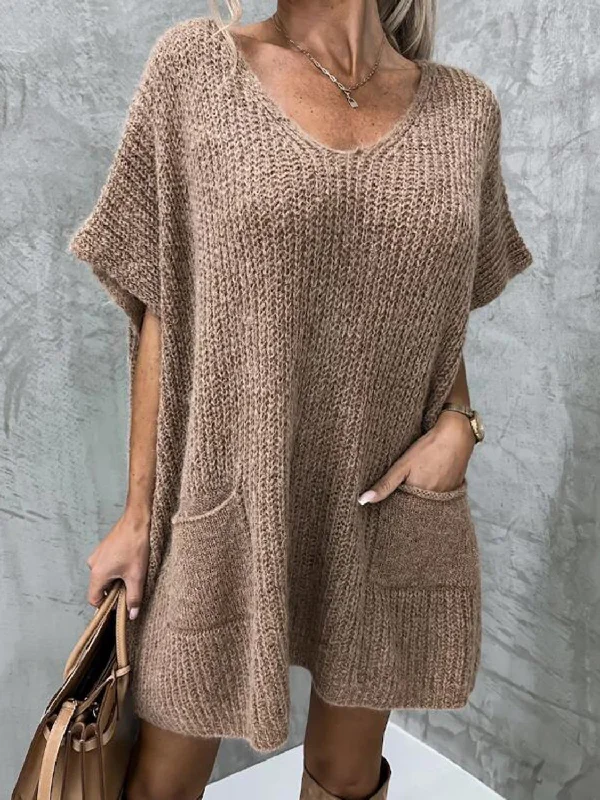 Short Sleeve Sweater Dress with Pockets Chenille Brocade Lace