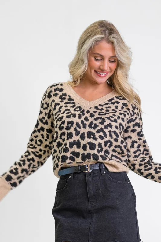 Fierce Feelings V-Neck Leopard Sweater FINAL SALE Elasticated Padded Insulated