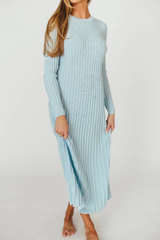 Lacey Long Sleeve Ribbed Sweater Dress in Sky Blue - Bump Friendly Graphic Sweater Embroidered Appliqued