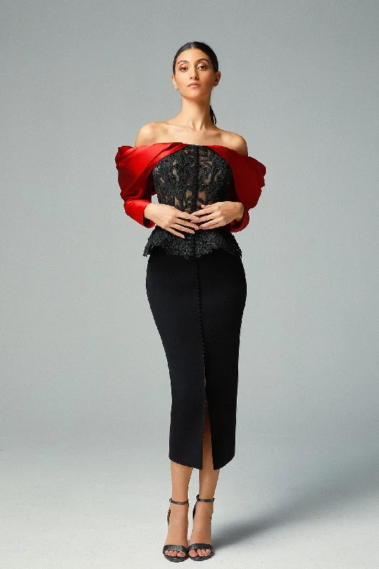Off shoulder beaded top featuring midi skirt high slit skirt