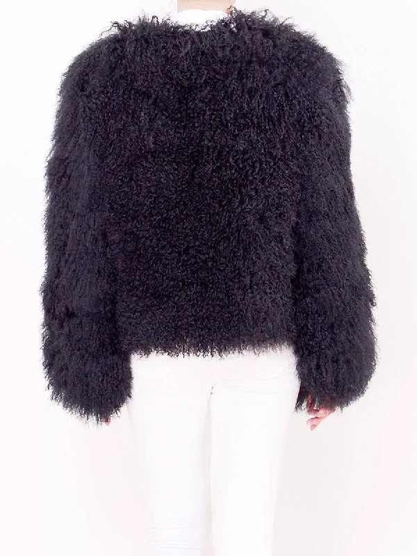 Shearling Jacket Black Front Pockets Side Pockets Patch Pockets