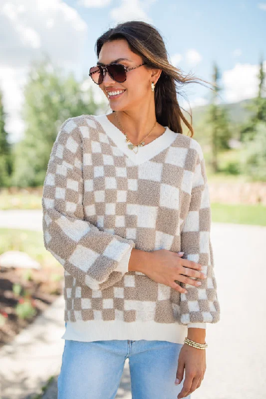 Warm Hearts Taupe Fuzzy Checkered V-neck Sweater FINAL SALE Layered Multi-layer Single Layer Warm Hearts Taupe Fuzzy Checkered V-neck Sweater FINAL SALE Layered Multi-layer Single Layer