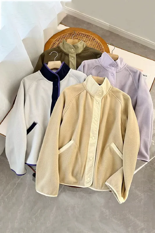 Snap Down Contrast Fleece Jacket with Pockets Cotton Jacket Linen Jacket Terry Jacket Snap Down Contrast Fleece Jacket with Pockets Cotton Jacket Linen Jacket Terry Jacket