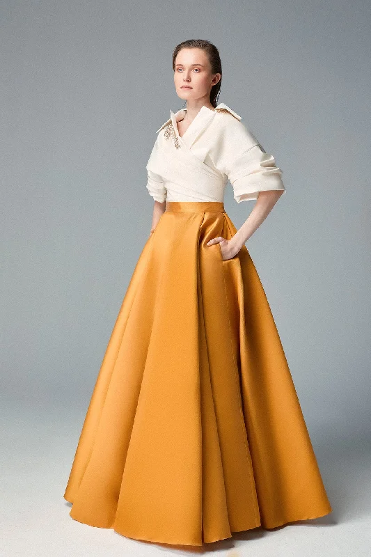Puff sleeves beaded top with A line skirt belted skirt waist