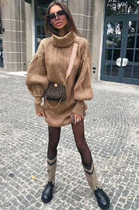 Bishop Sleeve Turtleneck Winter Sweater Mini Dress - Camel Layered Multi-layer Single Layer Bishop Sleeve Turtleneck Winter Sweater Mini Dress - Camel Layered Multi-layer Single Layer