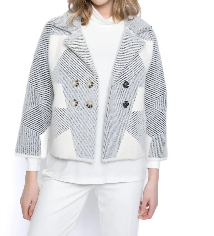 Double-Breasted Sweater Jacket In Grey/off-White Real Fur Shearling Chenille