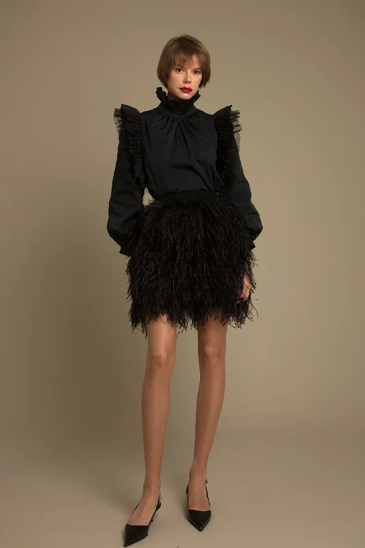 Pleated taffeta top with feathered skirt leather skirt sleek