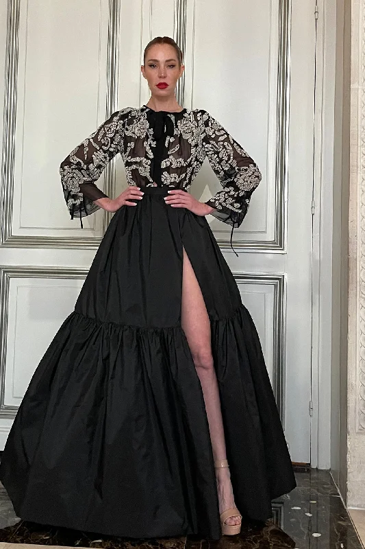 Embroidered top with taffeta skirt wool skirt sturdy