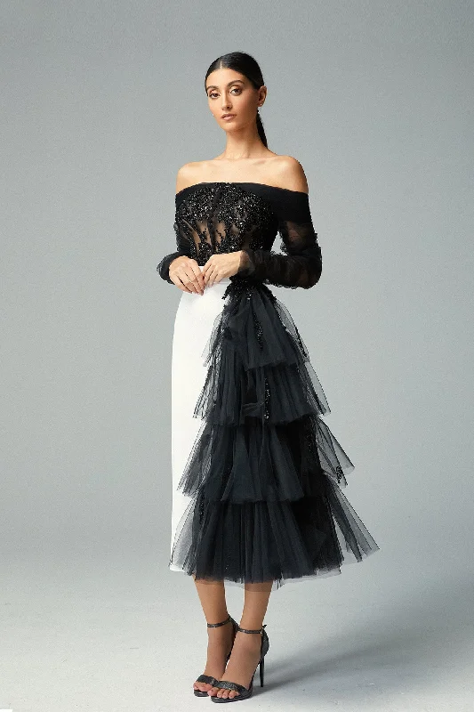 Off shoulder beaded top with side ruffle skirt linen skirt breathable