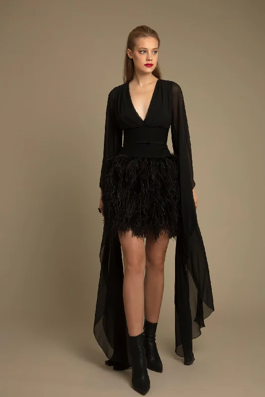 Fitted waistline top with feathered skirt lace skirt romantic