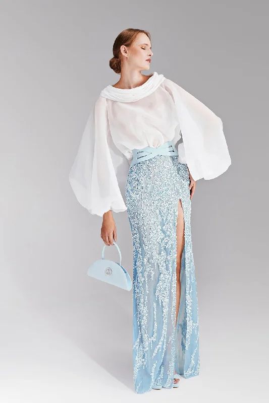 Voluminous organza top with beaded skirt lace skirt intricate