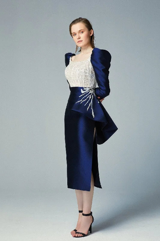Embroidered top with side slit skirt tiered skirt playful