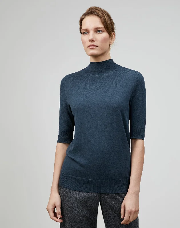 Matte Crepe Knit Mockneck T-Shirt Sweater Welt Pockets Slit Pockets Flap Pockets