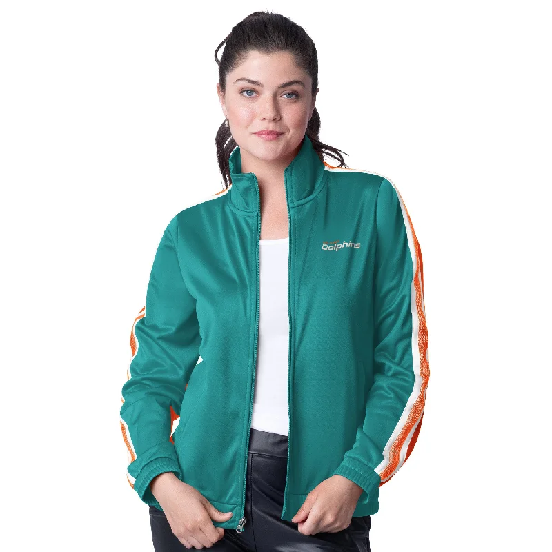 Miami Dolphins Women's G-III Full-Zip Sequence Cheer Jacket - Aqua/Orange Satin Jacket Silk Jacket Chiffon Jacket