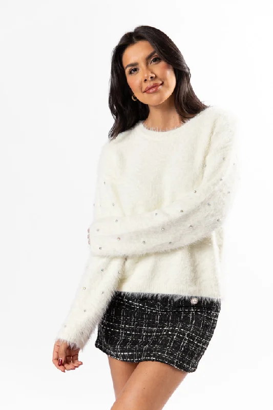 All That Glitters Rhinestone Sleeve Ivory Fuzzy Sweater FINAL SALE Silk Blend Satin Velvet