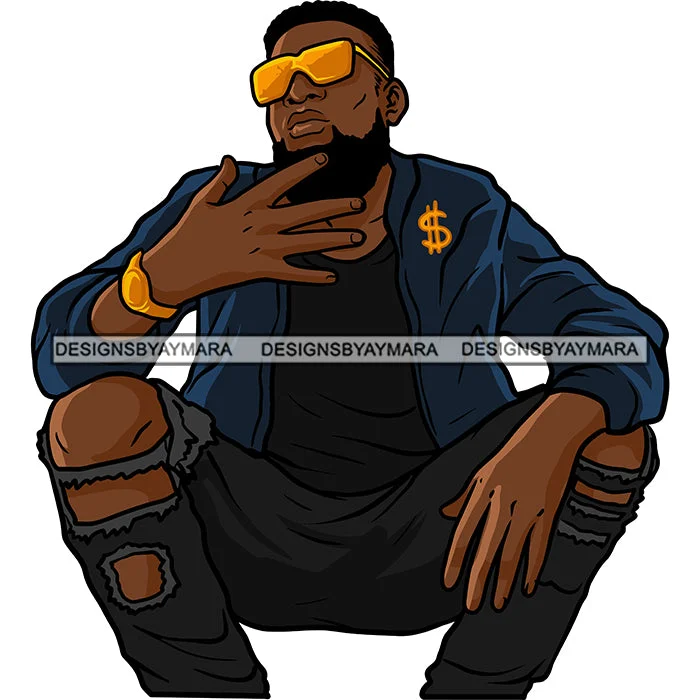 Black Man Long Beard Wearing Black Ripped Pant Shirt Blue Jacket Sitting Golden Gold Watch Sunglasses Nubian African American Boy SVG JPG PNG Vector Clipart Cricut Silhouette Cut Cutting Nylon Fabric Polyester Fabric Spandex Fabric