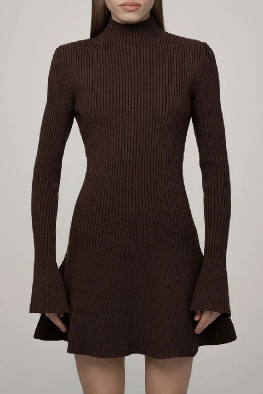 Chic High Neck Flared Long Sleeve Rib Knit Winter Sweater Mini Dress - Coffee Fitted Slim Tailored Chic High Neck Flared Long Sleeve Rib Knit Winter Sweater Mini Dress - Coffee Fitted Slim Tailored