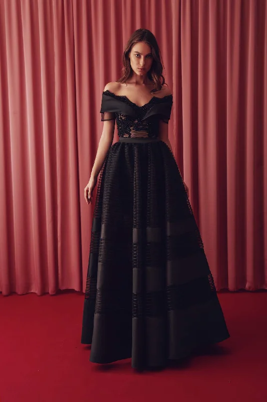Off shoulder semi sheer top with tulle taffeta mix skirt lace skirt romantic