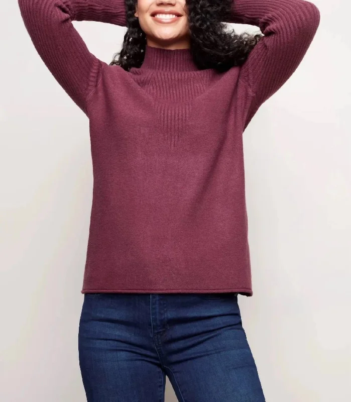 Funnel Neck Sweater With V Stitch Design in Fig Fitted Loose Oversized