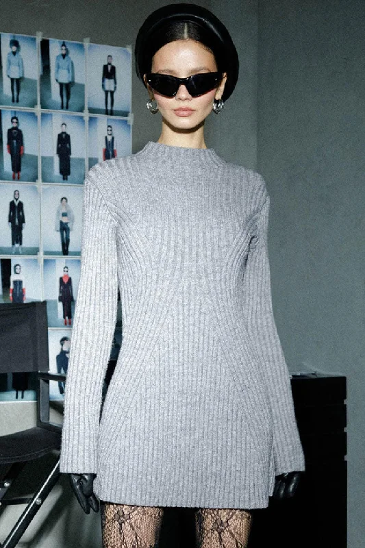 French Style Mock Neck Long Sleeve Chunky Rib Knit Winter Sweater Mini Dress - Gray Transparent Opaque Sheer French Style Mock Neck Long Sleeve Chunky Rib Knit Winter Sweater Mini Dress - Gray Transparent Opaque Sheer