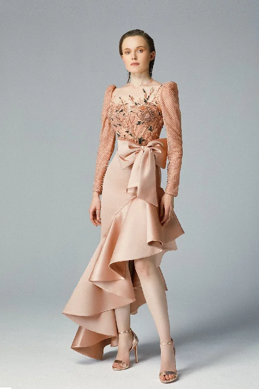 Fully beaded bodice with bow on waist asymmetric skirt cashmere skirt soft