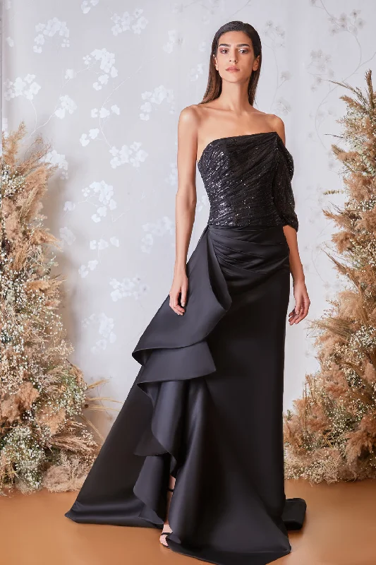 Draped sequined top with cascading ruffled skirt corduroy skirt durable